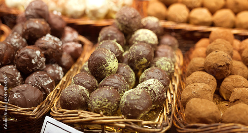 chocolate truffle balls on market counter