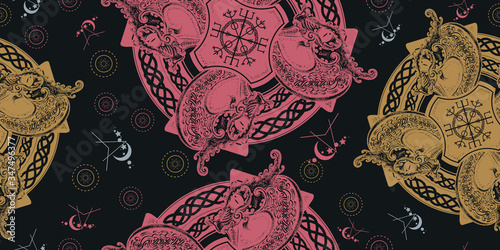 Celtic cross. Helm of Awe. Seamless pattern. Packing old paper, scrapbooking style. Vintage background. Medieval manuscript, engraving art. Dragons, symbol of the Viking. Nordic ethnic style