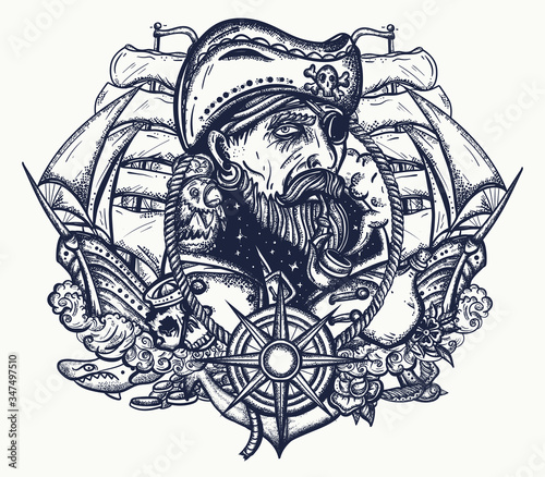 Old captain and pirate ships. Elderly sea wolf smocking pipe, parrot, compass, rope, wave, anchor and skull. Symbol of ocean adventure, treasure island. Old school tattoo style