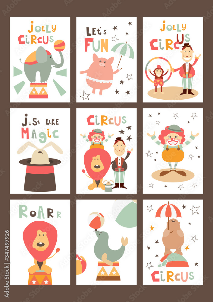 Obraz premium Funny Circus Posters Set - Cartoon Circus Animals and Characters - Clown, Tamer, Illusionist. Kids Illustration for Baby Clothes, Greeting Card, Nursery Decor. Vector Illustration. Cute Lettering.