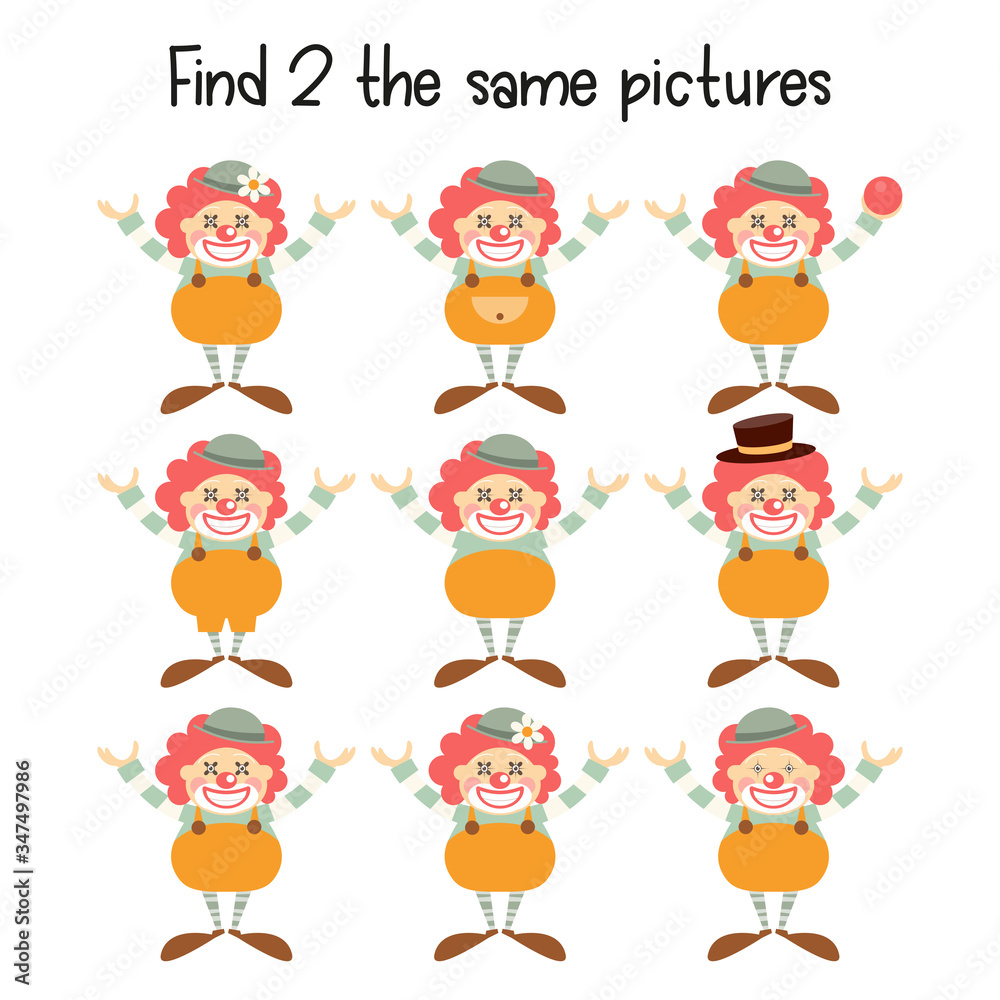 Kids Game - Find Two the Same Clowns. Circus Mini Games for Preschool, Kindergarten, School. Vector Illustration. Kids Game - Find Two the Same Clowns. Circus Mini Games for Preschool, Kindergarten, School. Vector Illustration.