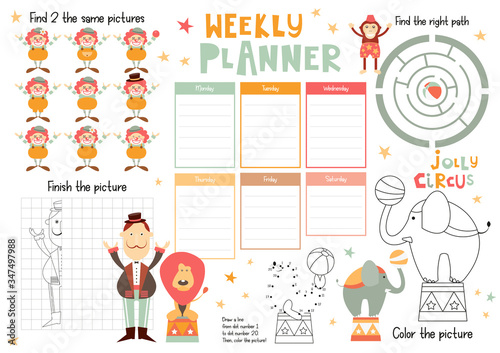 Jolly Circus Kids Weekly Planner Template. Schedule for Children. Set of Kids Puzzles for Preschool, Kindergarten, School. Vector illustration. Funny Circus Animals and Characters.