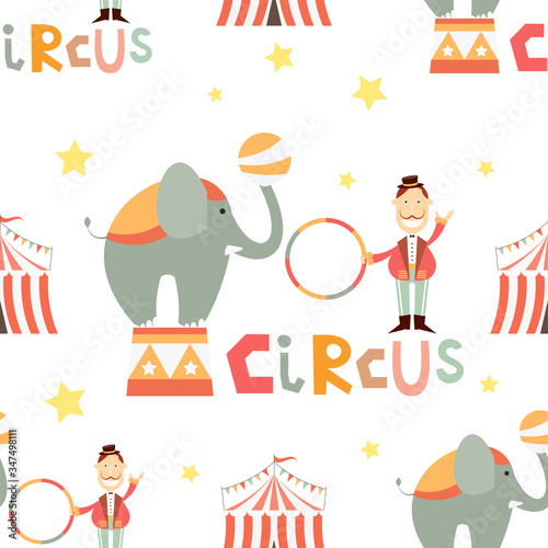 Circus Seamless Pattern - Cartoon Circus Tamer and Elephant. Amusement background. Vector Illustration. Print for Wallpaper, Baby Clothes, Wrapping Paper. Don't contain clipping mask and gradient. © elfivetrov