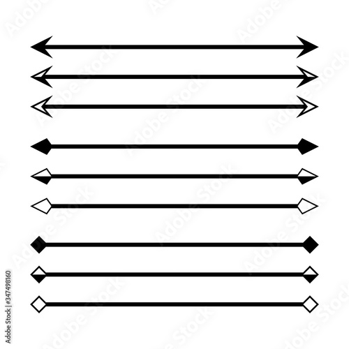 arrow in horizontal line set isolated on white, arrow line for indicate the dimension of drawing, horizontal arrow different, arrowhead black on a line horizontal for dimension scale, clip art arrow