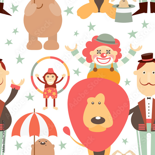 Circus Seamless Pattern - Cartoon Circus Animals, Tamer, Clown. Amusement background. Vector Illustration. Print for Wallpaper, Baby Clothes, Wrapping Paper. Don't contain clipping mask and gradient.