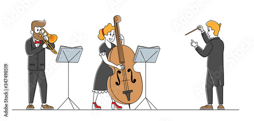 Musicians with Instruments and Conductor Characters Perform on Stage with Cello and Trumpet. Symphony Orchestra Classical Music Performance, Instrumental Ensemble. Linear Vector People Illustration