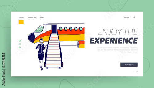 Airplane Boarding, Air Trip Landing Page Template. Airline Staff Stewardess Character, Flight Attendant, Air Hostess Girl Wearing Uniform and Cap Inviting Passengers. Linear Vector Illustration