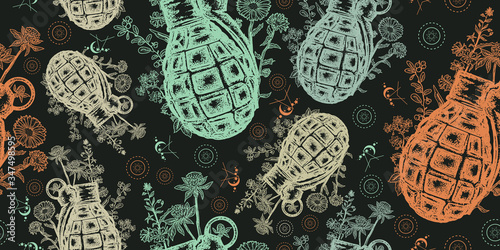 Grenade and flowers. Seamless pattern. Packing old paper, scrapbooking style. Vintage background. Medieval manuscript, engraving art. Symbol of weapon, war and peace