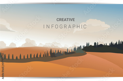 Vector illustration of beautiful summer fields landscape with a dawn, Natural wallpapers are a minimalist, polygonal concept.