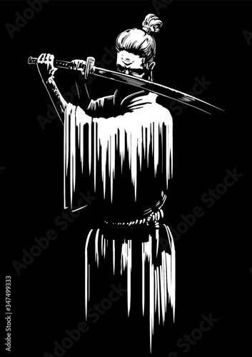 A samurai in a kimano with a katana in his hands, stands in a rack ready for battle, covering his face with his long blade. 2d illustration