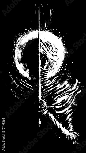 A woman swordsman in beautiful armor, stands straight and prays holding a rapier in her hand, a white glowing halo around her head . 2D illustration