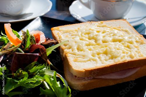 Croque Monsieur a traditional French toasted Gruyere cheese and ham sandwich