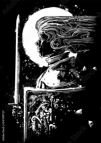 A young swordsman girl with a sword and a shield on which a lion is engraved stands proudly in profile and cries, a round luminous halo around her head. 2d illustration.