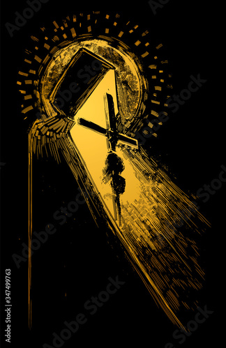 A monk in a hood radiating the light of faith, holding a cross in his hands, around him a bright luminous halo. 2d illustration