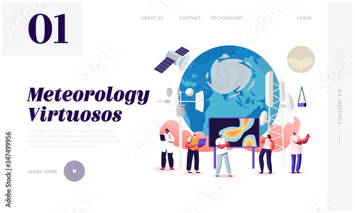 Meteorology Landing Page Template. Tiny Characters around of Huge Earth Globe. Workers Set Up Equipment for Weather Control, Anchorman Forecast Broadcasting on Tv. Cartoon Vector People Illustration
