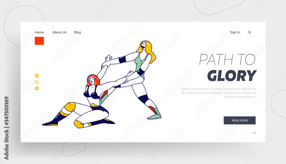 Female Characters Wrestling Show Performance, Combat on Professional Arena, Sport Fight Landing Page Template. Sportswoman Holding Opponent by Hands during Battle. Linear People Vector Illustration