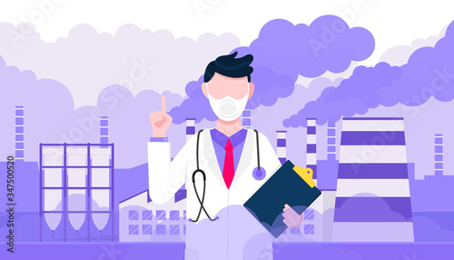 Doctor wear pollution mask against smog. Fine dust, air pollution, industrial smog protection concept flat style design vector illustration. Industrial factory pipes with huge clouds of smoke behind.