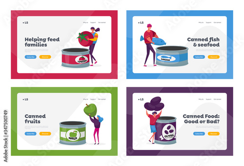 Farmers Products Manufacture Landing Page Template Set. Canning Factory Working Process, Canned Fruits and Vegetable. Tiny Characters Put Fresh Veggies to Tins Cans. Cartoon People Vector Illustration