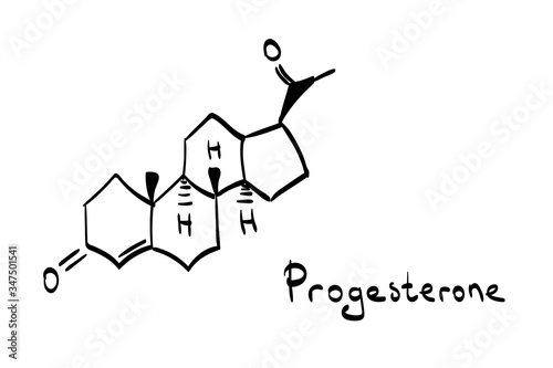 Doodle vector illustration of chemical molecule of female hormone called Progesterone. Hand drawn formula isolated on white background. Sketch style drawing with lettering.
