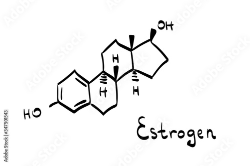 Doodle vector illustration of chemical molecule of female hormone called Estrogen. Hand drawn formula isolated on white background. Sketch style drawing with lettering.