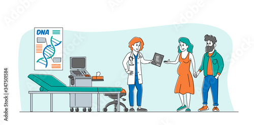 Doctor Character Doing Ultrasound Screening Checkup in Clinic. Pregnant Woman and Husband Couple Visit Hospital for Baby Belly Sonography Scan Looking at Fetus Image. Linear Vector People Illustration