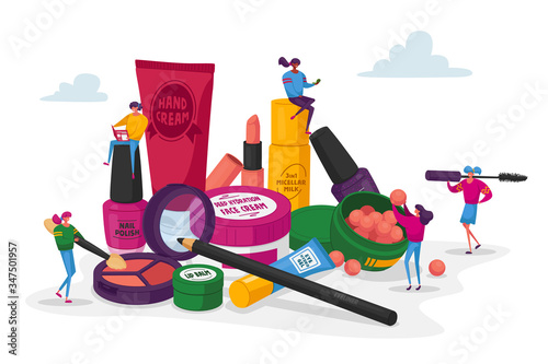 Cosmetics Masterclass, Face Care, Beauty. Women in Beautician Parlor. Female Characters Testing Skin Care Products in Beauty Salon. Makeup Courses, Make Up School. Cartoon People Vector Illustration