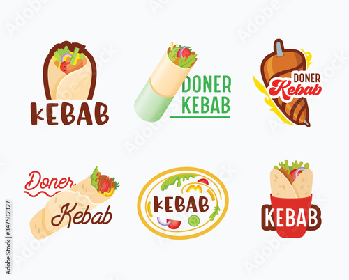 Doner Kebab Banners, Icons Set. Arabian or Turkish Restaurant Badges with Meat on Pole, Pita and Typography Isolated on White Background. Fastfood Cafe Labels Grilled Food Emblems. Vector Illustration