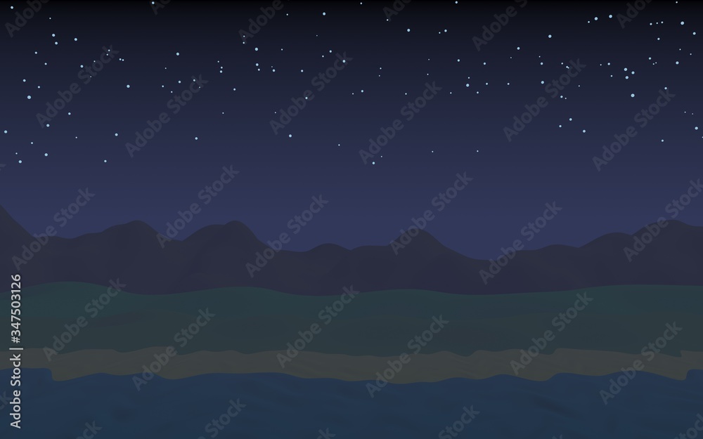 Starry moonless sky. Ocean shore line with waves on a beach. Island beach paradise with waves. Vacation, summer, relaxation. Seascape, seashore. Minimalist landscape, primitivism. 3D illustration Starry moonless sky. Ocean shore line with waves on a beach. Island beach paradise with waves. Vacation, summer, relaxation. Seascape, seashore. Minimalist landscape, primitivism. 3D illustration