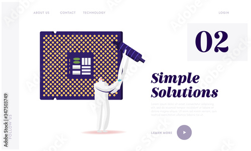 Technology Manufacture, Central Computer Processors, Cpu Landing Page Template. Tiny Character in Protective Suit Set Up Huge Semiconductor Circuit Board or Digital Chip. Cartoon Vector Illustration