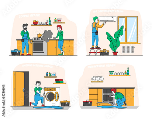Repair Service Set. Husband for an Hour Male Characters in Uniform Working with Instruments Fixing Broken Technics at Home. Electrician, Plumber Call Master at Work. Linear Vector People Illustration