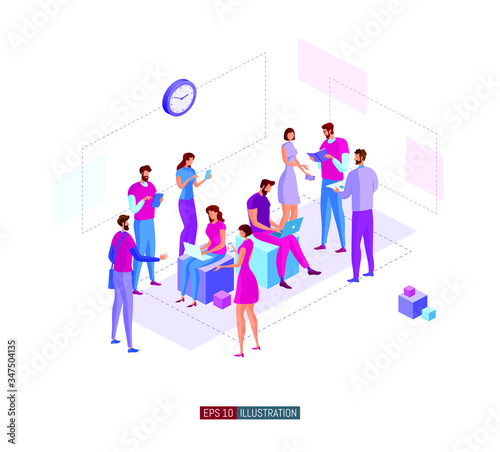 Trendy flat illustration. Office workers planing business mechanism, analyze business strategy and exchange ideas. Coworking. Teamwork. Brainstorm. Template for your design works. Vector graphics.