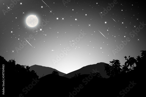 Night landscape with silhouettes of mountains and sky with stars and fullmoon, Starry night sky background.  blue sky with shinning stars, vector illustration