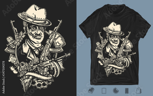 Criminal mafia boss portrait. Gangster leader. Crime man smokes cigar, weapons, playing cards. One color creative print for dark clothes. T-shirt design. Template for posters, textiles, apparels