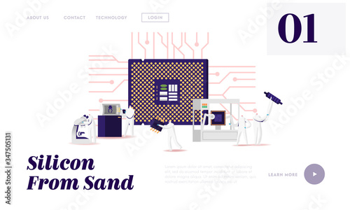 Manufacture of Semiconductors Process Landing Page Template. Manufacturing Facility Scientist Characters in Sterile Coverall Set up Program on Industrial 3D Printer. Cartoon Vector People Illustration