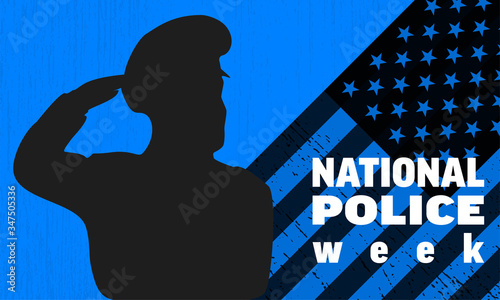 National Police Week - cop on American flag background. Poster, card, banner and background