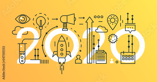 Business startup thin line concept vector illustration. Website interface creative design with abstract flat 2020 word, starting new idea icon, innovative development, business planning presentation