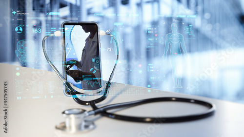 Telemedicine concept,Medical Doctor online communicating the patient on VR medical interface with Internet consultation technology