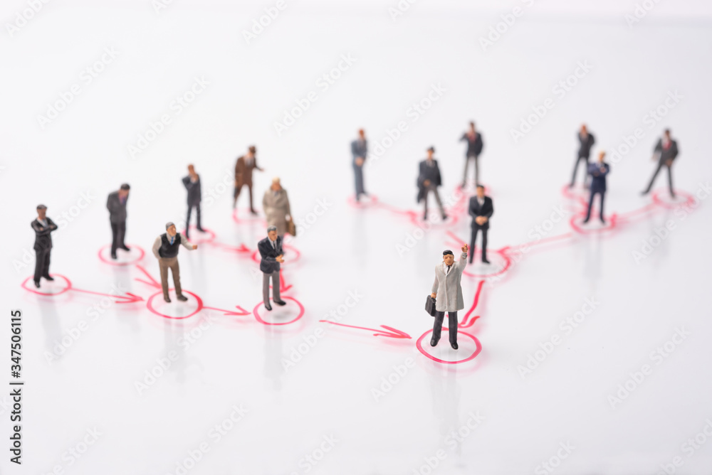 business miniature people on circle connect with line arrow, red line connect by circle point , abstract people on complex network connection and communication, people teamwork concept business miniature people on circle connect with line arrow, red line connect by circle point , abstract people on complex network connection and communication, people teamwork concept