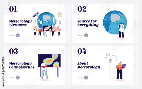 Meteorology Landing Page Template Set. Tiny Characters around of Huge Earth Globe. Workers Set Up Equipment for Weather Control, Anchorman Forecast Tv Broadcasting. Cartoon Vector People Illustration