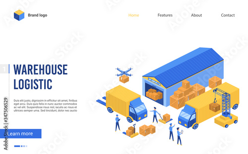 Isometric warehouse logistics vector illustration. Cartoon flat website interface design for warehousing company with 3d worker people loading boxes on trucks, using cranes or drones modern technology