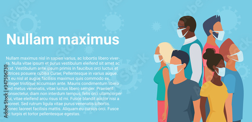 People group in masks flat virus character wide banner panorama concept vector illustration. Multiracial men, women in casual clothes stand back to back to defend each other from pandemic danger.