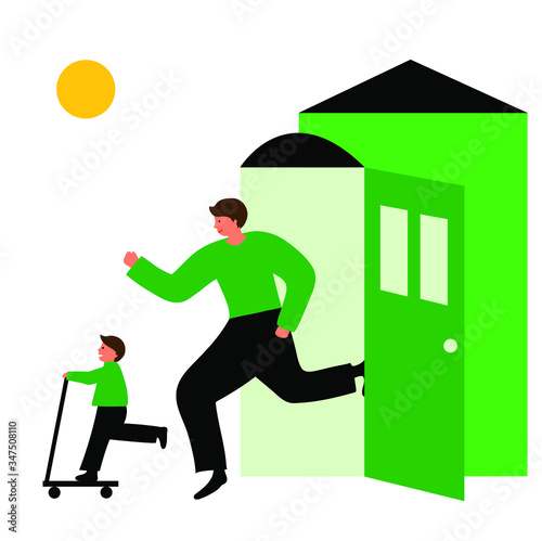 The father goes out with his son. They are finally able to go outside. Coronavirus (Covid-19) measures easing.(Concept illustration). The coronavirus era is over. Coronavirus loosening in the world.
