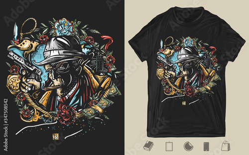 Noir detective. Portrait police inspector and night city. Old movie style. Dark crime art. Creative print for dark clothes. T-shirt design. Template for posters, textiles, apparels