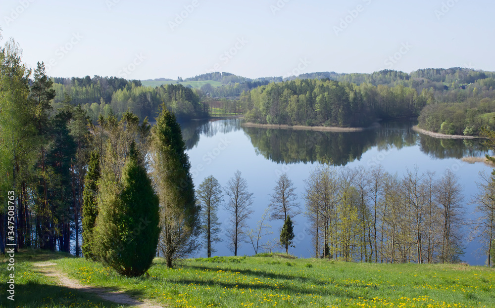 Very beautiful landscape from the hill Ladakalnis. View of the lake with reflection in the water