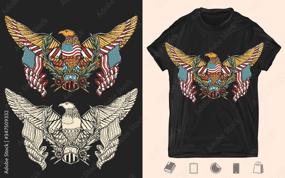 Fototapeta USA eagle and crossed American flags. Patriotic art. United states concept. Creative print for dark clothes. T-shirt design. Template for posters, textiles, apparels