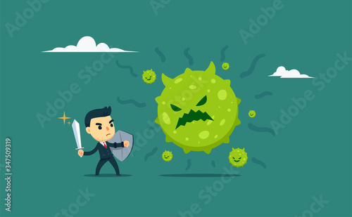 A businessman is fighting the virus. Isolated Vector Illustration