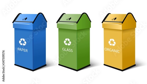 3d realistic vector recycling bins for paper, glass and organic products, with recycling symbol on top in blue, green and yellow color. Isolated on white background.