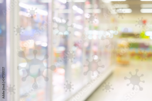 Blurred image of fresh food in supermarket and coronavirus background.
