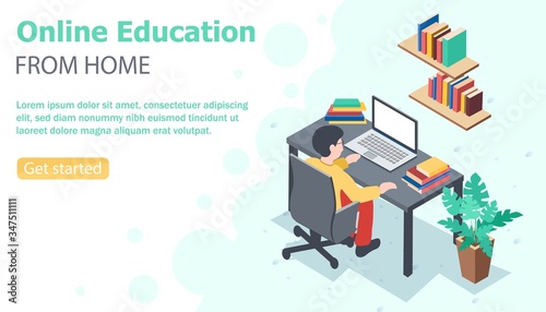 Vector flat style banner online education from home. Student sitting at the desk with laptop and pile of books on it and of the shelves. 
