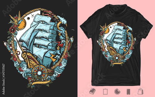 Pirate ship goes by storm. Old school tattoo. Sail boat and sea hurricane. Symbol of light and darkness, life and death. Creative print for dark clothes. T-shirt design. Template for posters, textiles
